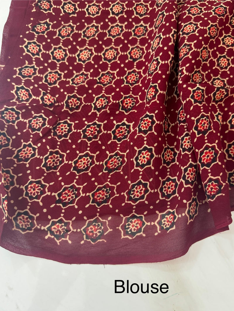 Pure Ajrakh Georgette saree MGS76- Maroon