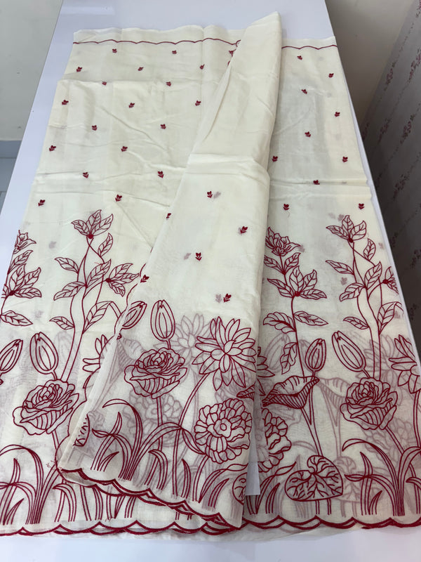 Mul chanderi embriodery saree  MSH135 - Offwhite & Red