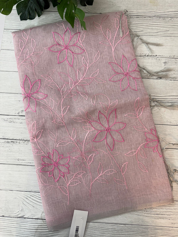 Tissue Linen Saree with embroidery MRS786 - PastelPink