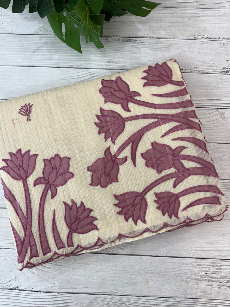 Jute Linen Applique work saree  -MSH128 Offwhite to OnionPink