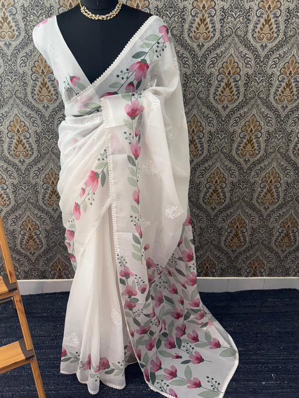 Soft kota checks saree with digital prints & embroidery - MS7123