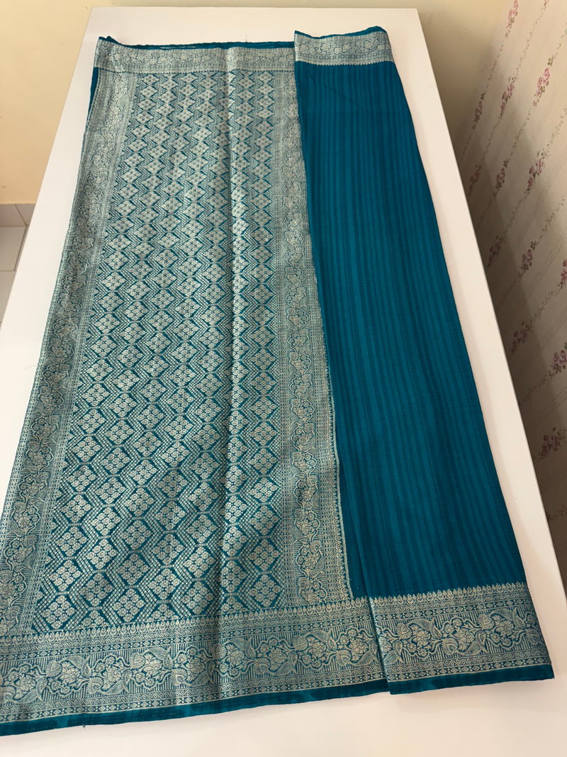 Silver Crepe Banarasi viscose Georgette saree with brocade blouse MS953211- TealBlue