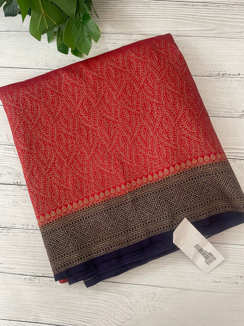 Banarasi semi katan saree with contrast border SHKNTNM - Red to DarkBlue