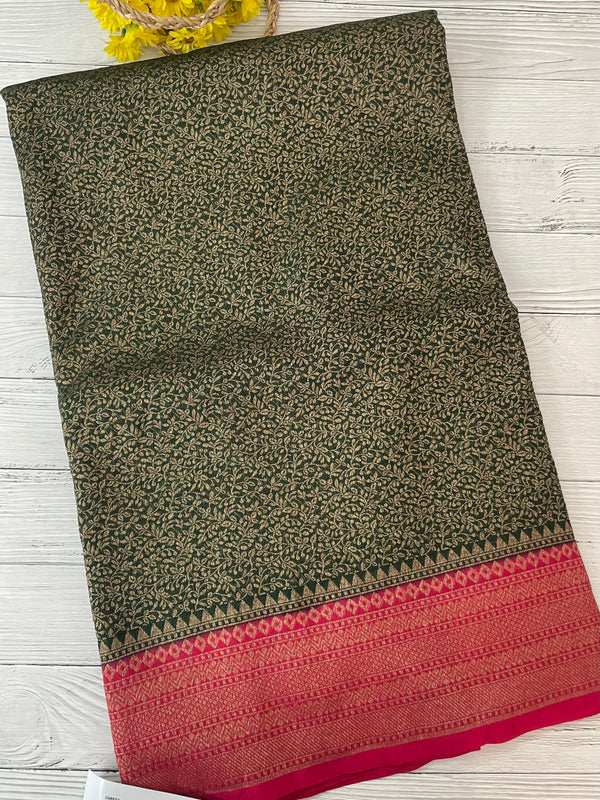 Banarasi semi katan saree with contrast border MS6665- BottleGreen to Pink
