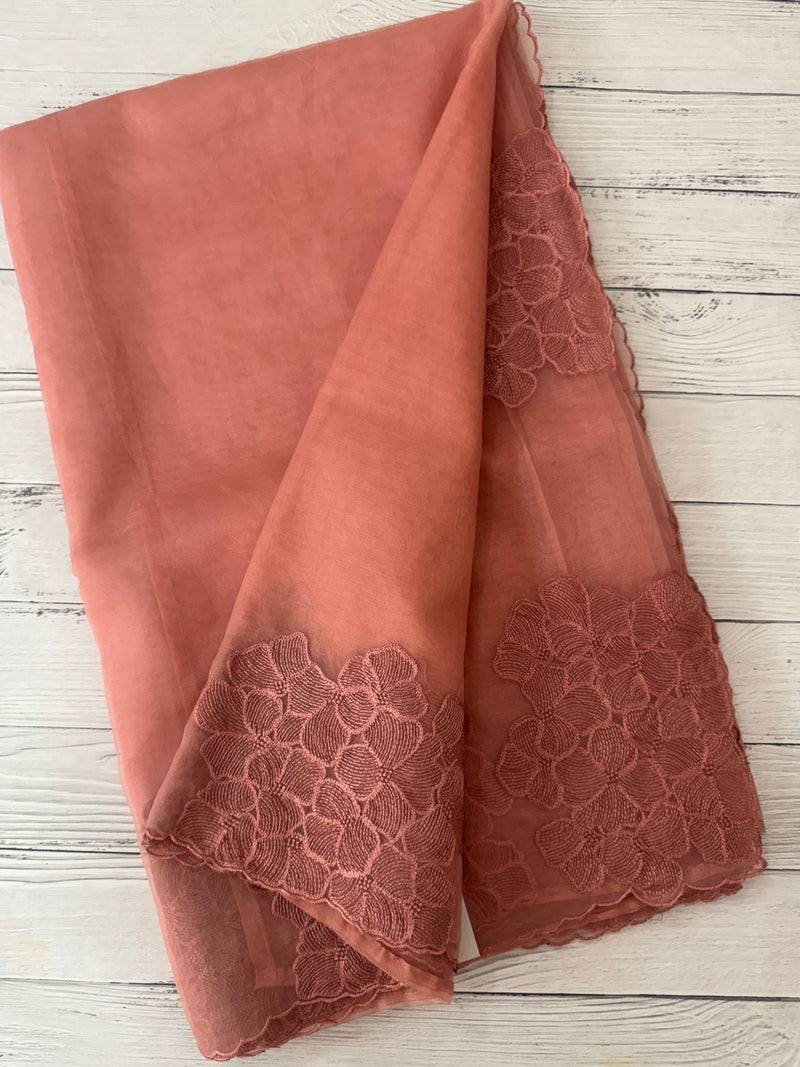 Semi organza saree with embroidery & scallop border - MSH901 Peach