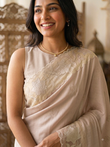 Soft Pashmina saree with organza Applique borders MSH251 Champagne Beige