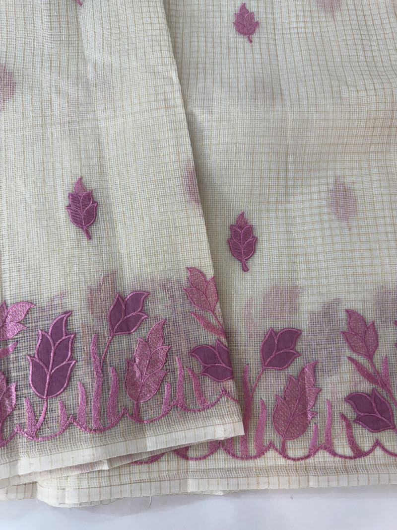 Tissue silk saree with zari checks and applique work  MSH105- Offwhite to PinkLavender