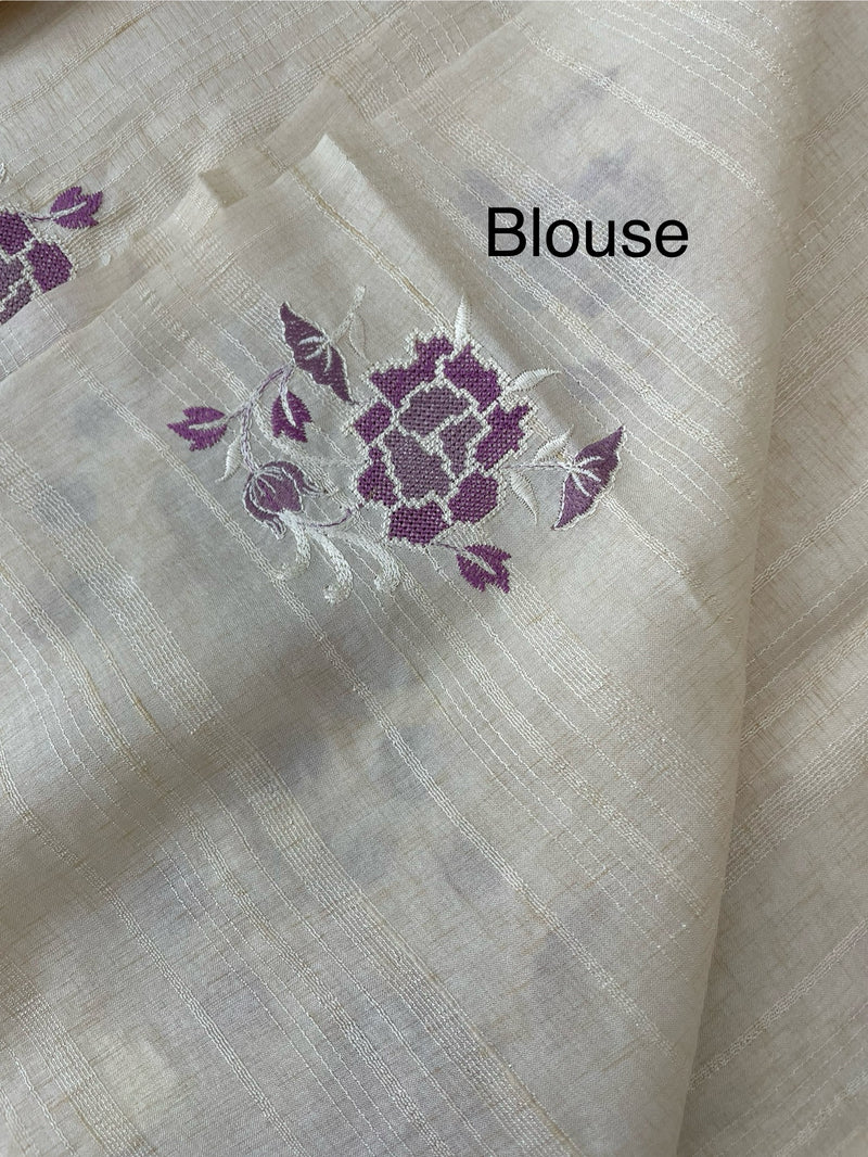 Blended tussar saree with embriodery - MS98765 Cream