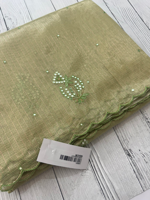 Tissue silk saree with mirror work and scalloped border MTSS432- LightGreen
