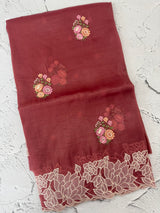 Soft crush Organza saree with embroidery and applique work MS14764 DustyMaroon