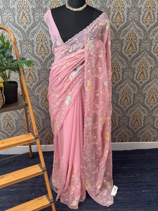 Pure Georgette saree with embriodery and applique work MS15567 Pink