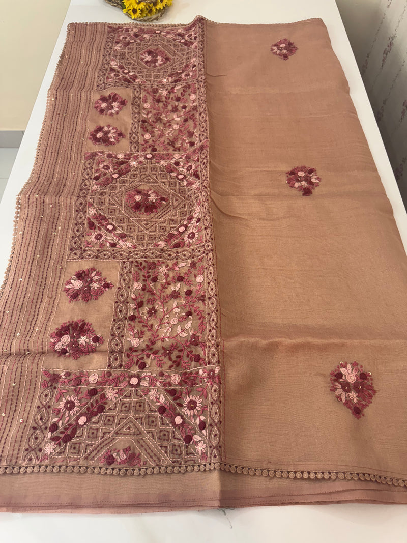 Handworked Tissue silk saree with French Knots FBLK162 DuskyPeach