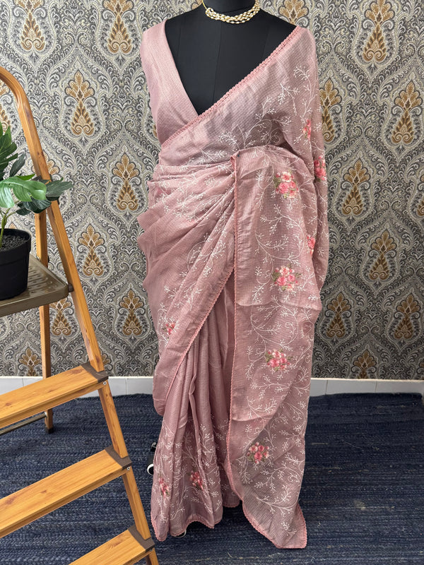 Soft kota checks saree with embroidery - SVPIRR DuskyMauve