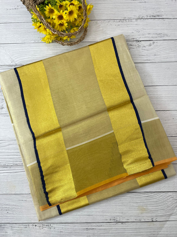 Kerala gold tissue saree with temple border - DarkBlue