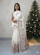 Mul chanderi tissue applique work saree  MSH132 - Offwhite & Red