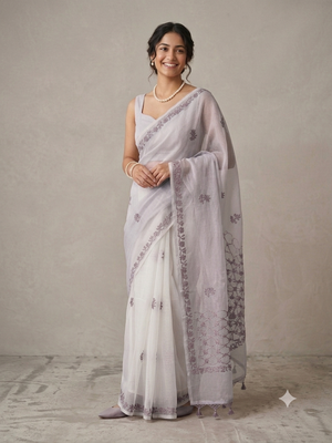 Premium Moonga checks saree with Hand Chikankari work  MSH246 Lavender