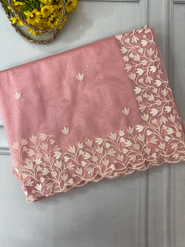 Glassy tissue organza saree with embroidery FKSF88- PeachPink