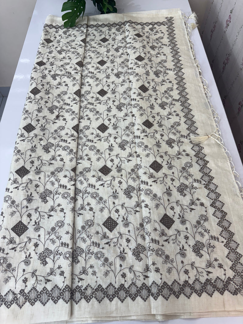 Jute tussar silk saree with cutwork & embroidery MS40414