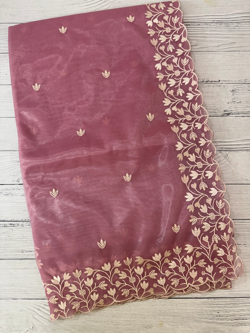 Glassy tissue organza saree with embroidery FKSF88- Pink 2