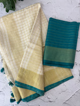 Linen cotton saree with gold zari checks MLS9766- RamaGreen