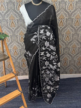 Soft kota silk saree with applique work MS14410- Black& white