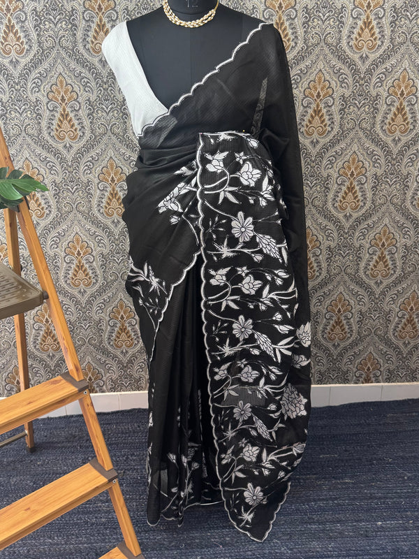 Soft kota silk saree with applique work MS14410- Black& white