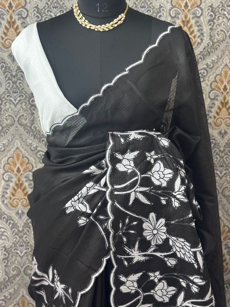 Soft kota silk saree with applique work MS14410- Black& white