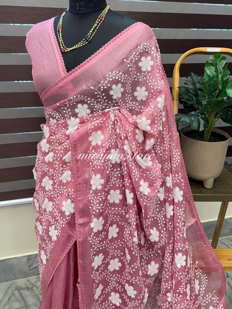 Soft kota checks saree with embroidery MSKC341 BerryPink