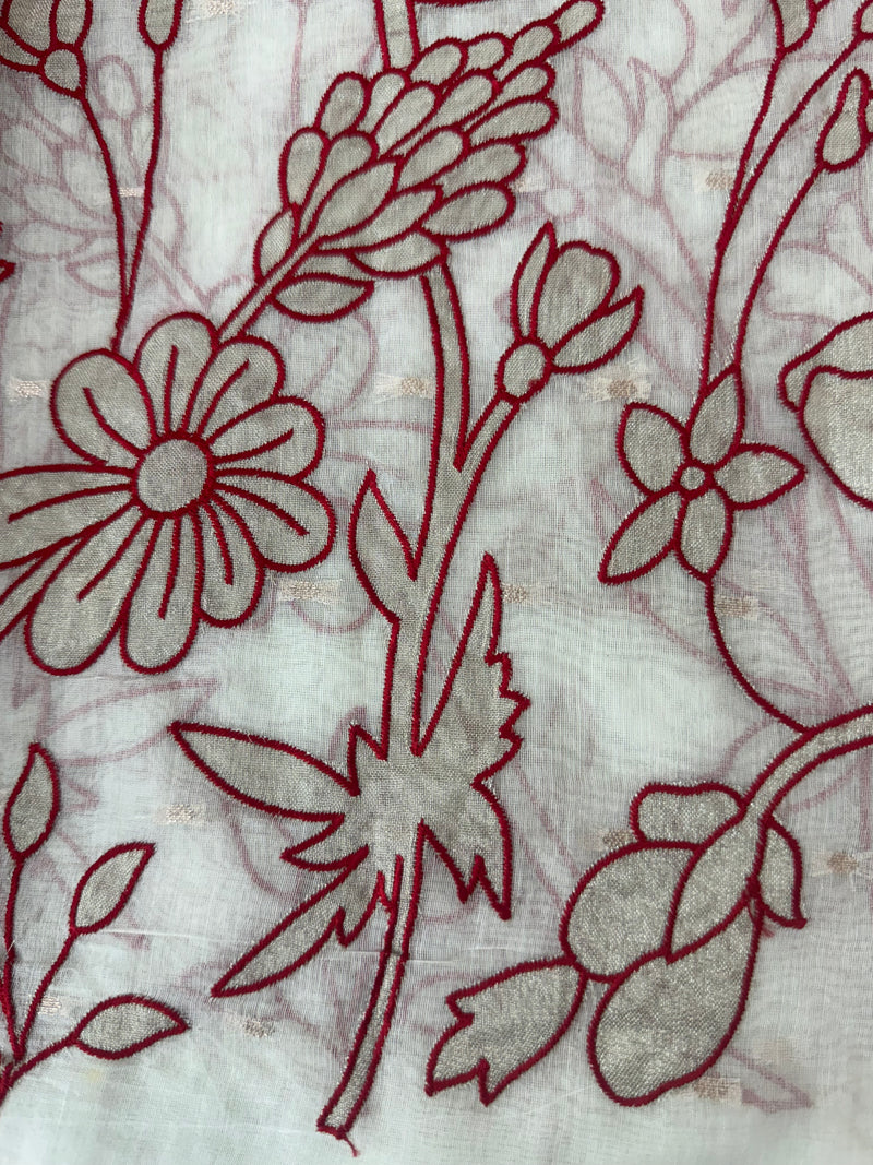 Mul chanderi applique work saree  MSH132 - Offwhite & Red