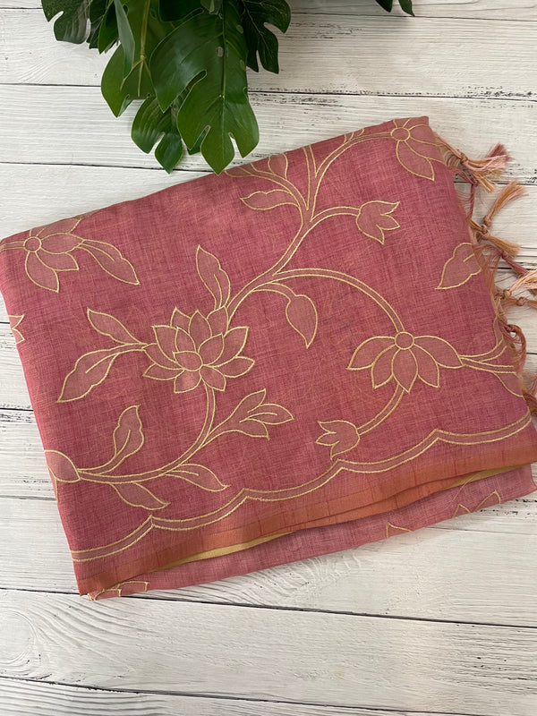 Ombre Soft Tissue linen saree with appliqué work MSL875
