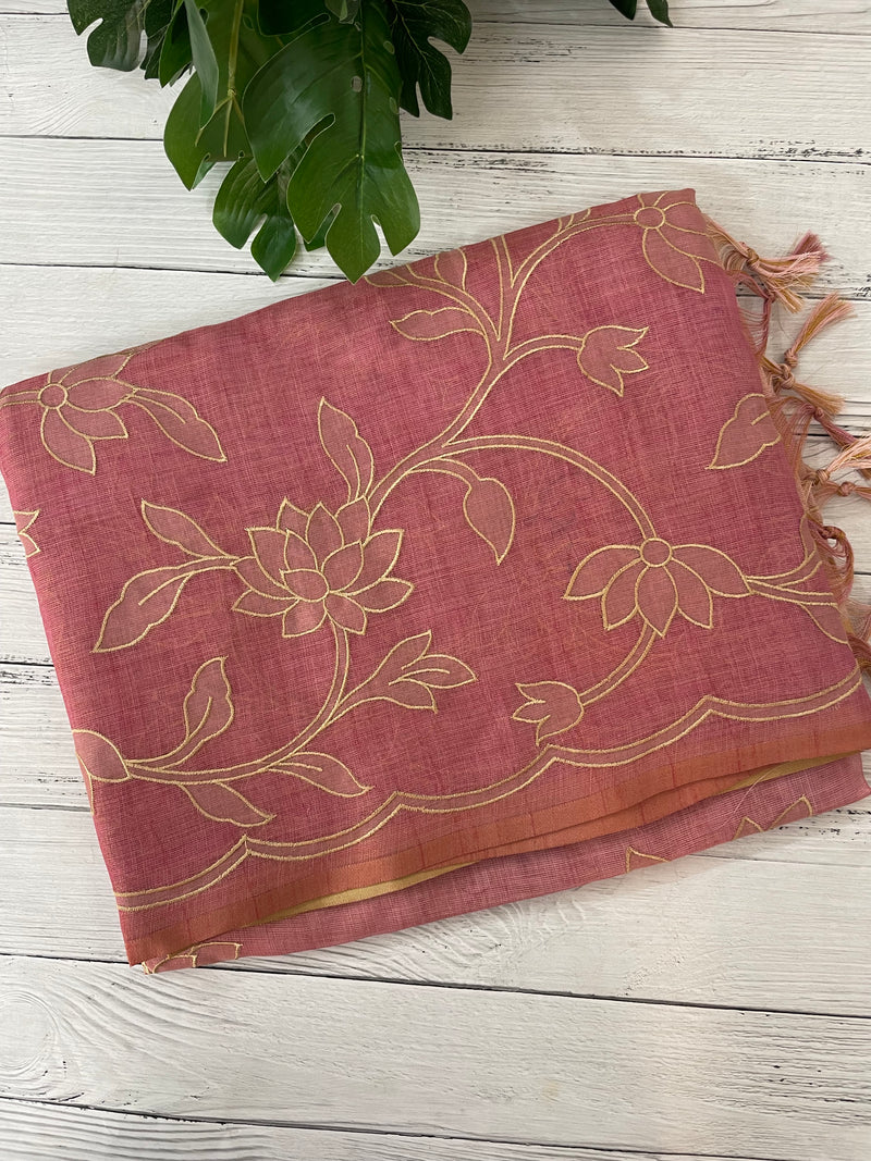 Ombre Soft Tissue linen saree with appliqué work MSL875