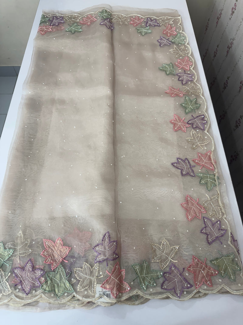 Handworked glass organza saree with applique work- MSHW227 - Beige