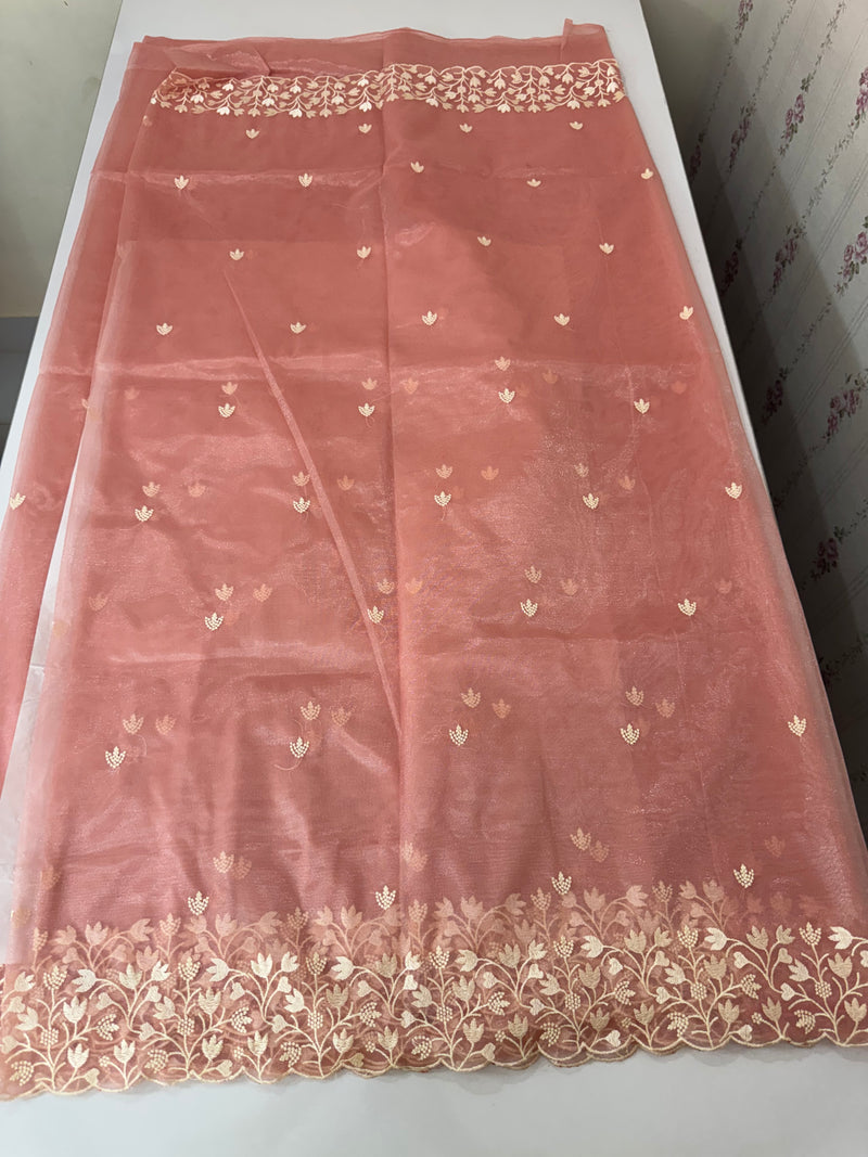 Glassy tissue organza saree with embroidery FKSF88-Peach