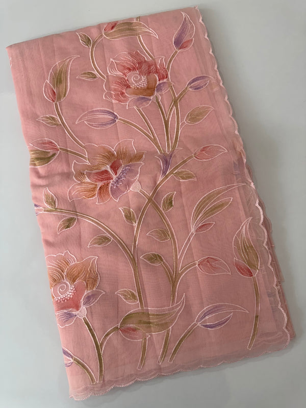 Supernet saree with embroidery and handpaintingwork MSH104- Pastel PeachPink