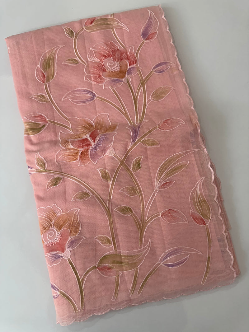 Supernet saree with embroidery and handpaintingwork MSH104- Pastel PeachPink
