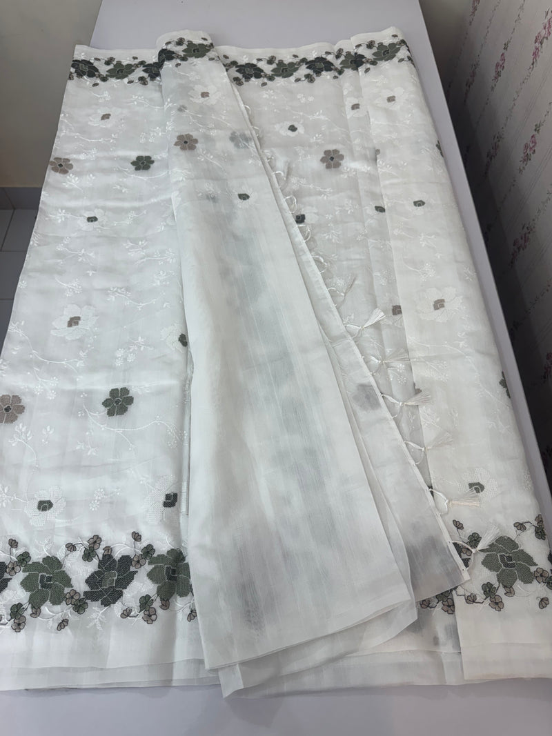 Crushed Blended tussar silk saree with cross stitch embroidery- MSB7979 White