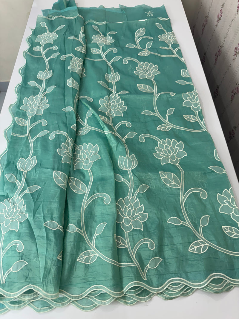 Crush Organza Applique work saree MS14987- Blue