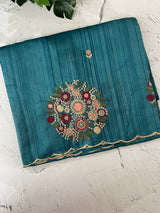 Blended art tussar silk saree with embroidery- MS1090 BlueGreen