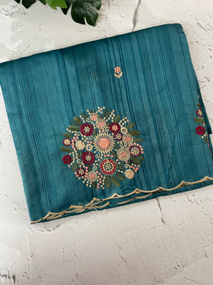Blended art tussar silk saree with embroidery- MS1090 BlueGreen