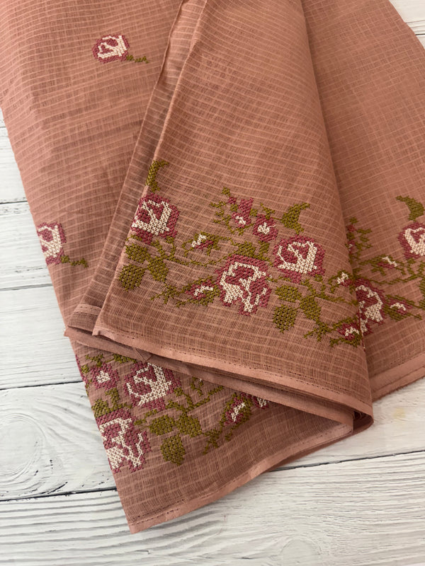 Pure Kota cotton saree with cross stitch embroidery -MKAS339 - DuskyPeach
