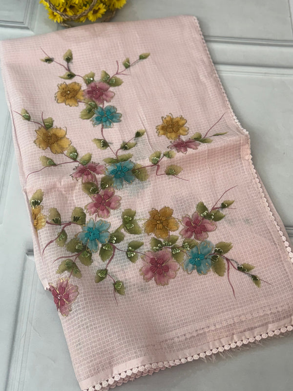 Soft kota silk saree with handpainting & embroidery MS14953 PastelPink
