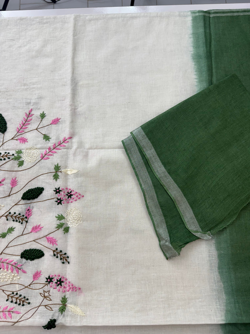Linen blend Saree with hand embriodery MLS611- Royal blue & white