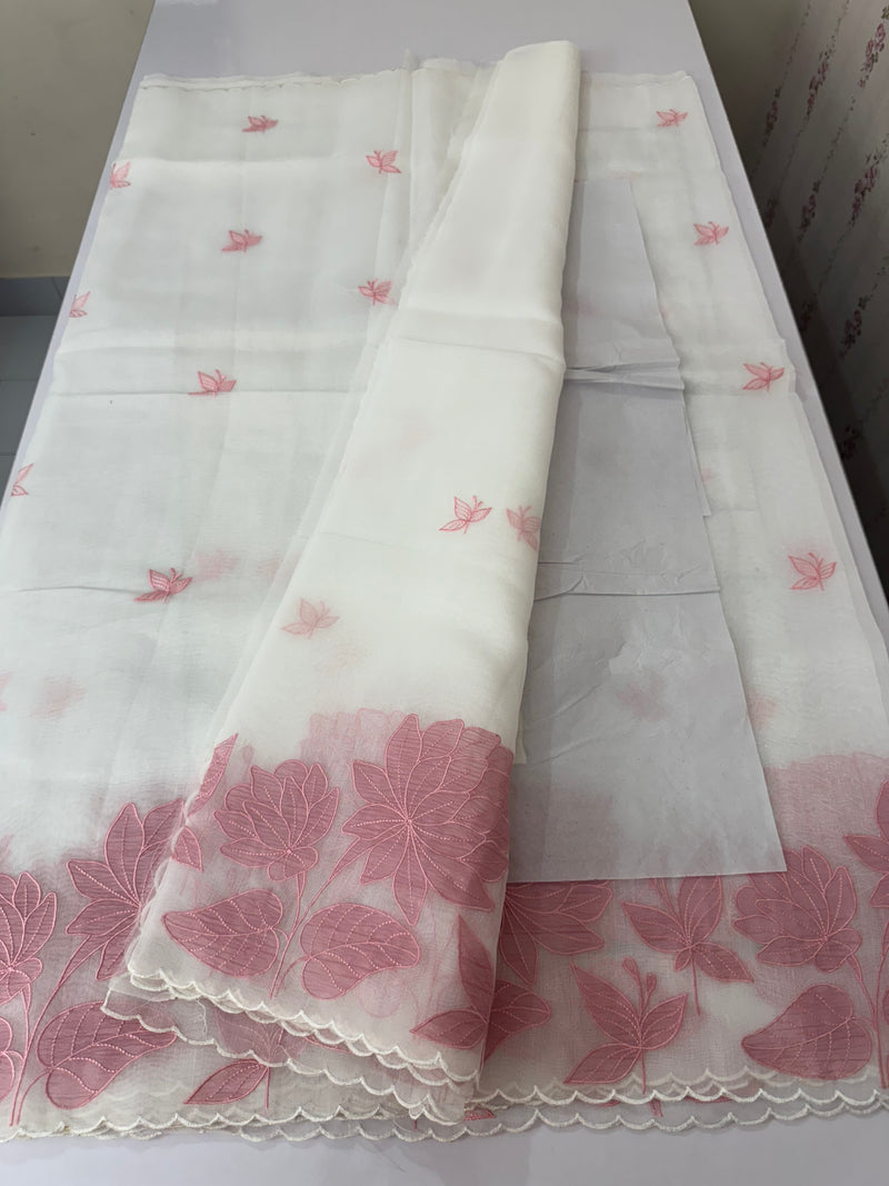 Tissue mix soft silk saree with applique work MTSS5432 White to PeachPink