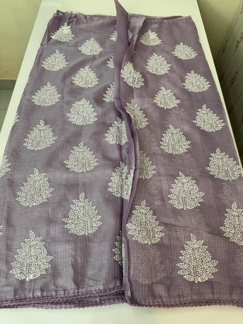 Soft kota checks saree with embroidery - SVTS23 Lavender