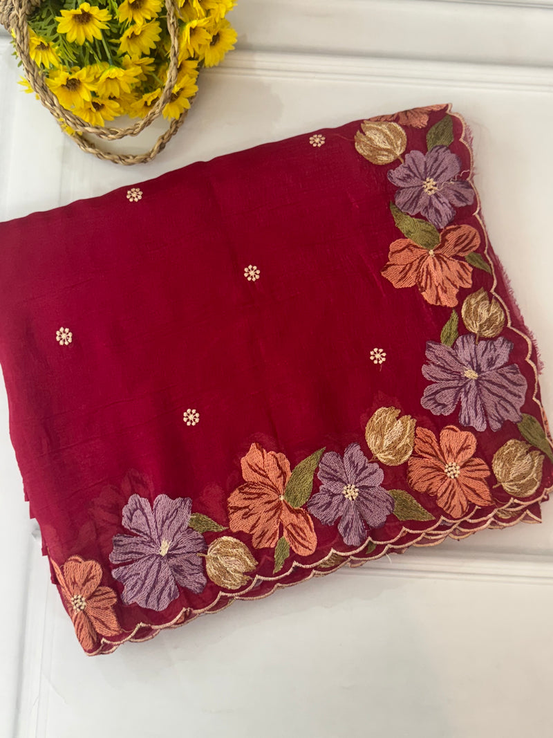 Crepe Crush Georgette saree with embriodery MS9701- PinkishRed