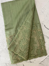 Blended tussar saree with organza applique applique borders MTSS452 DustyGreen