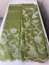 Crush Organza Applique work saree MS14987- Green