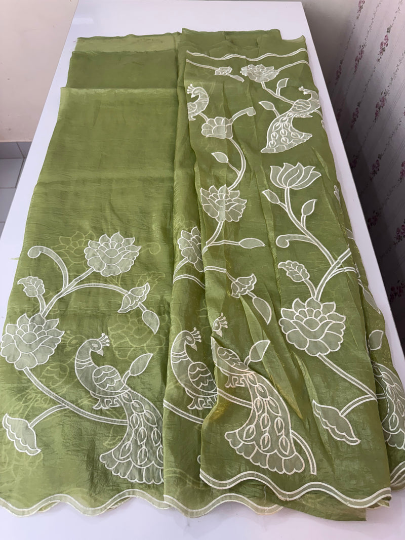 Crush Organza Applique work saree MS14987- Green
