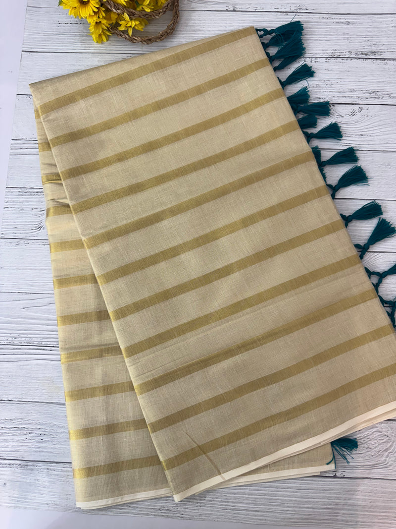 Kerala tissue saree - Stripes with Teal Tassels