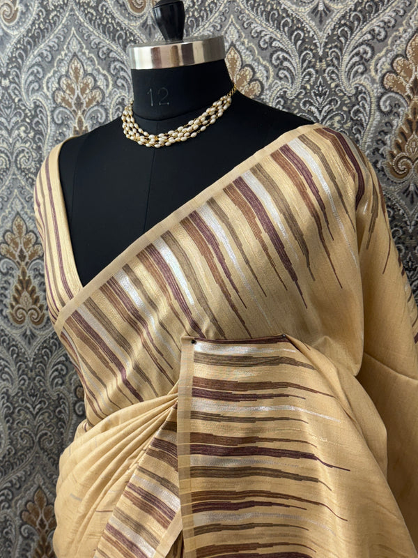 Raw silk saree with temple border MRS124- Chikoo